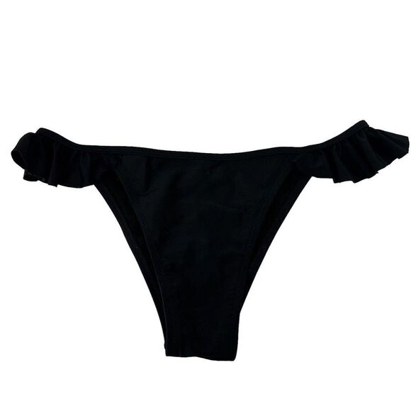Ocean Blues Bikini Bottom Solid Black Side Ruffles Cheeky Womens Size Large Swim - Picture 1 of 7